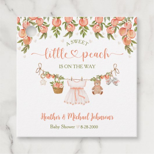 A Sweet Little Peach Clothesline Girl Baby Shower フェイバータグ (正面)