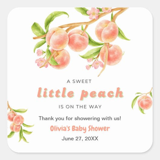 A Sweet Little Peach Fruit Baby Shower Thank You  スクエアシール (正面)
