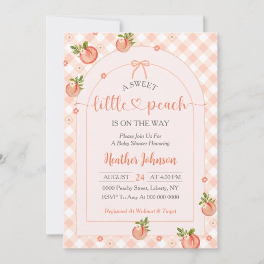 A Sweet Little Peach Gingham Baby Shower 招待状 (正面)