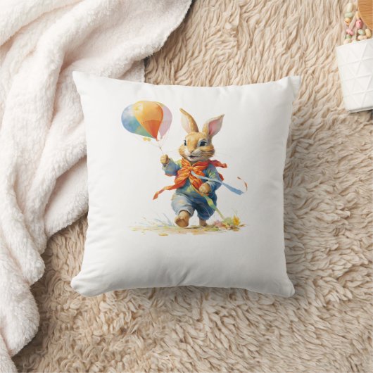 A SWEET RABBIT WITH BALLOONS Throw Pillow クッション (ブランケット)