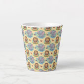 A tall white mug features a colorful pattern カフェラテマグ (正面)