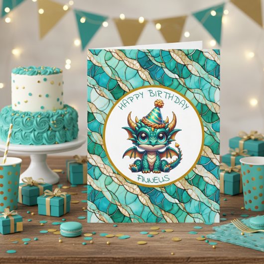 A Teal and Gold Dragon Personalized Boy's Birthday カード