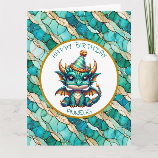 A Teal and Gold Dragon Personalized Boy's Birthday カード (正面)
