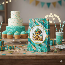 A Teal and Gold Dragon Personalized Boy's Birthday ミディアムペーパーバッグ