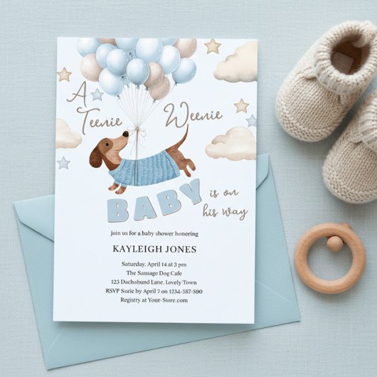 A Teenie Weenie Cute Dachshund Boy Baby Shower 招待状