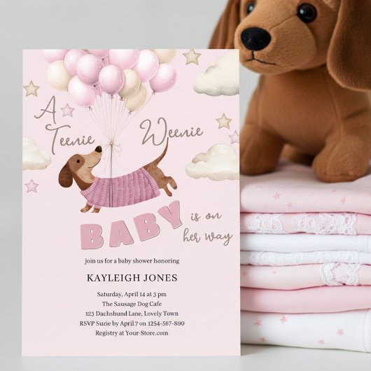 A Teenie Weenie Cute Dachshund Girl Baby Shower 招待状