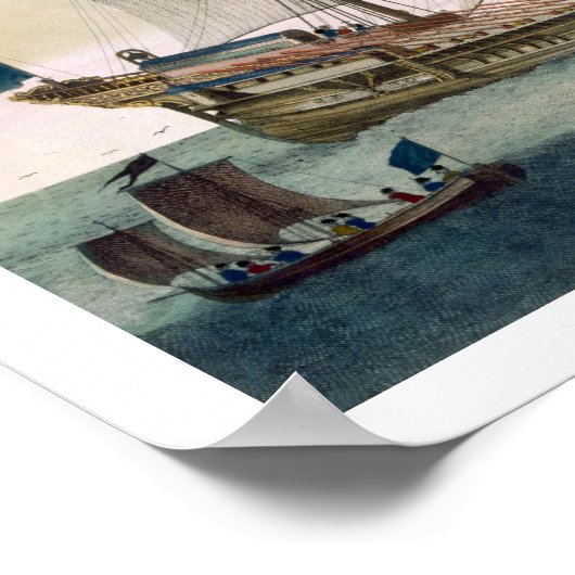 A three-masted Galleass under way by sail, oars sh ポスター (角)