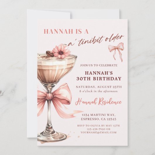 A Tiniビットより古いピンクエスプレッソマルティーニ誕生日 招待状 (正面)
