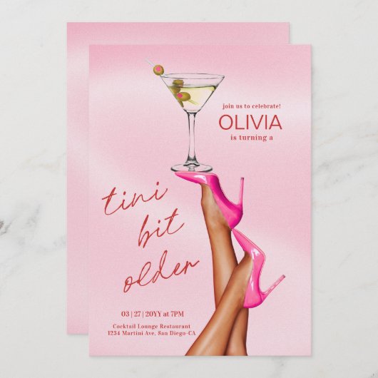 A Tiniビットより古いMartini誕生日招待状ピンク 招待状 (正面/裏面)