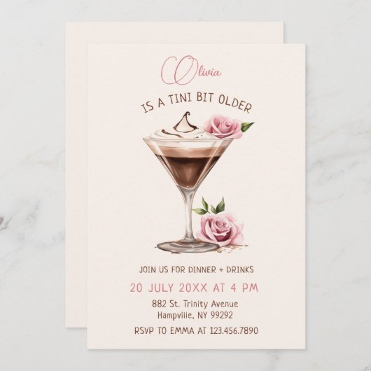 A Tiniビット古いフローラエスプレッソマルティーニ誕生日 招待状 (正面/裏面)