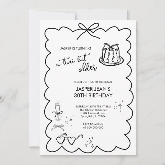 A Tiniビット古い黒と白の弓30歳の誕生日 招待状 (正面)