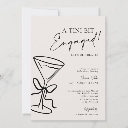 A Tini Bit Engaged Black Bow Martini Bridal Shower 招待状 (正面)