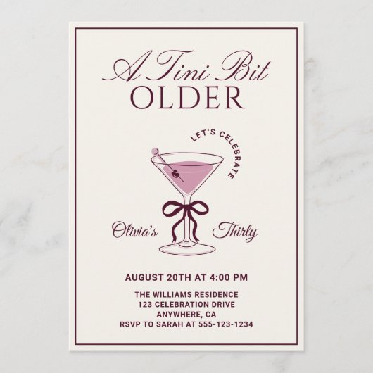 A Tini Bit Older Burgundy 30th Martini Birthday 招待状 (正面)
