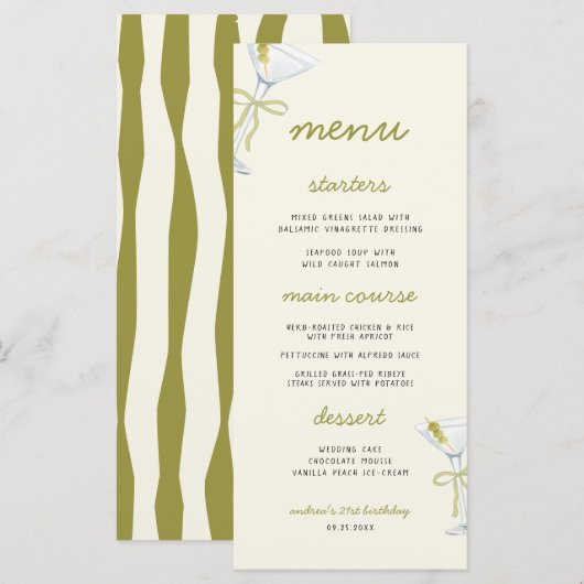 A Tini Bit Older Martini Birthday Party Menu メニュー (正面/裏面)