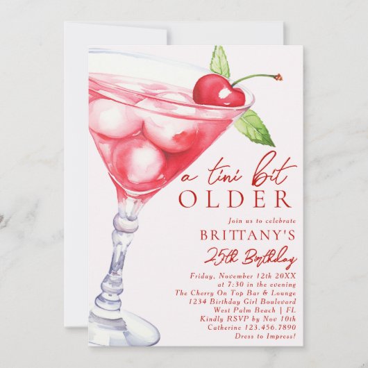 A Tini Bit Older Martini Cocktail Birthday For Her 招待状 (正面)