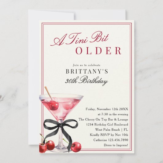 A Tini Bit Older Old Money Cherry Martini Birthday 招待状 (正面)
