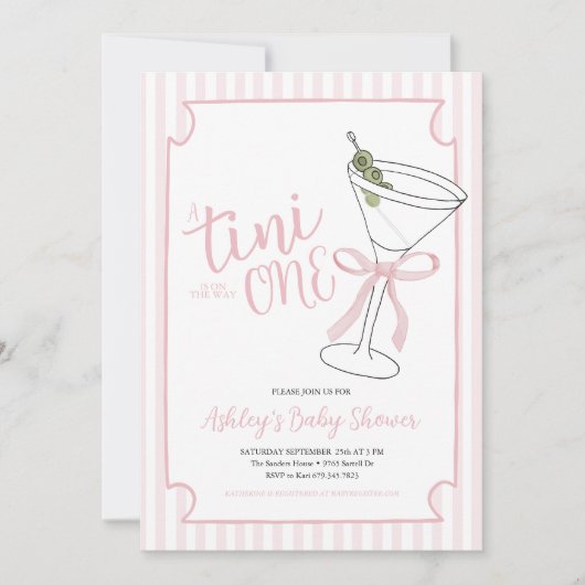 A Tini Oneは途中ピンク色のの赤ちゃんストライプシャワー 招待状 (正面)