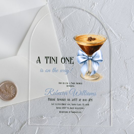A Tini One Blue Bow Espresso Martiniベビーブシャワー アクリル招待状