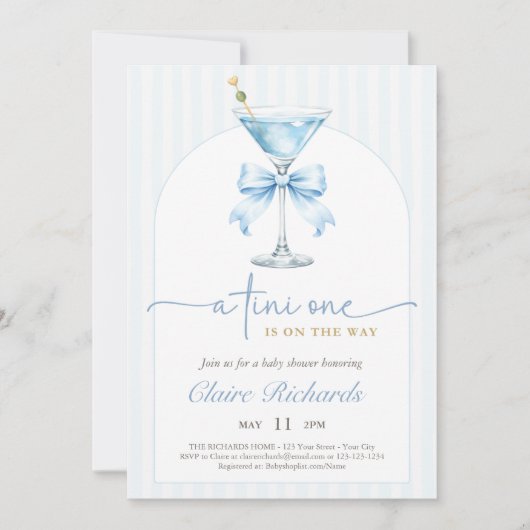 A Tini One Blue Bow Stripes Boy Baby Shower 招待状 (正面)