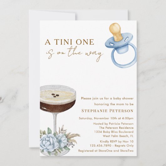 A Tini One Blue Paci Espresso Martini Baby Shower 招待状 (正面)