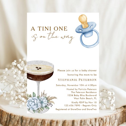A Tini One Blue Paci Espresso Martini Baby Shower 招待状