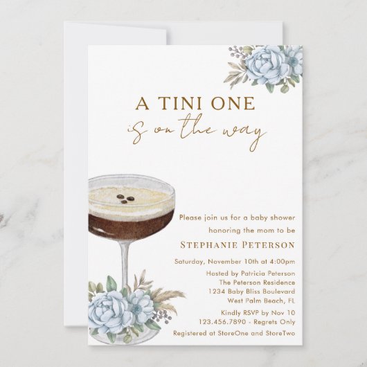 A Tini One Dusty Blue Espresso Martini Baby Shower 招待状 (正面)