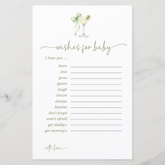 A Tini One Green Bow Wishes For Baby Advice Card (正面)