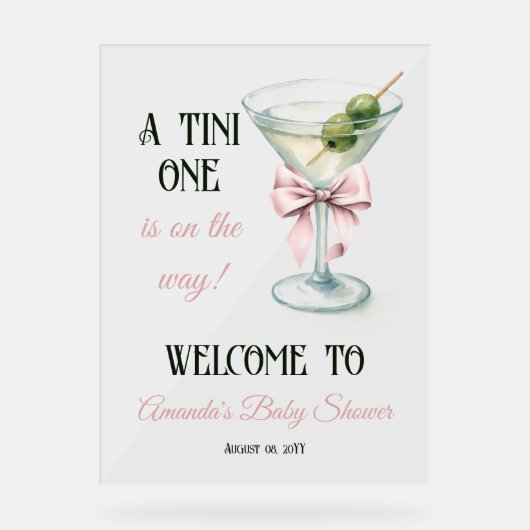 A Tini One Martini Pink Bow Baby Shower Welcome アクリルサイン (正面)