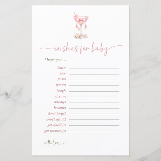 A Tini One Pink Bow Wishes For Baby Advice Card (正面)