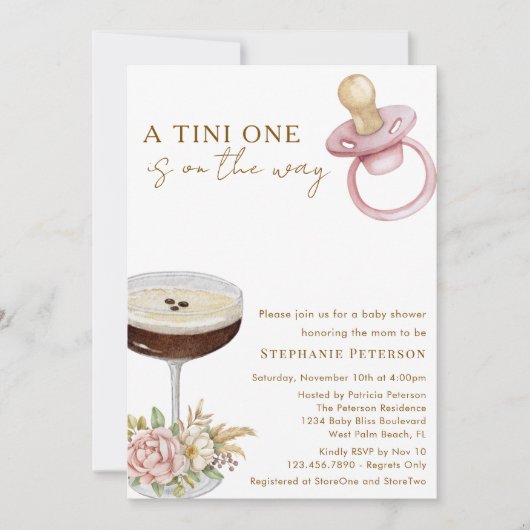 A Tini One Pink Paci Espresso Martini Baby Shower 招待状 (正面)