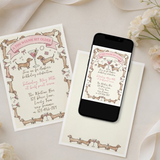A Tini Weenie Bit Older Dachshund Martini Birthday 招待状