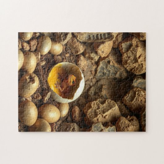 a tiny dinosaur in a nest of eggs ジグソーパズル (横)