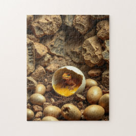 a tiny dinosaur in a nest of eggs ジグソーパズル