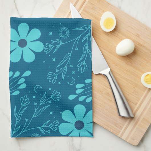 A Trendy Cyan Colour Flowers Design キッチンタオル (四つ折り)