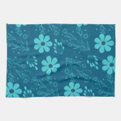 A Trendy Cyan Colour Flowers Design キッチンタオル (横)