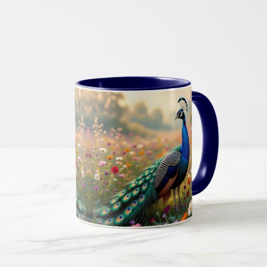 A Turquoise and Blue Peacock in Flowers  マグカップ (正面右)