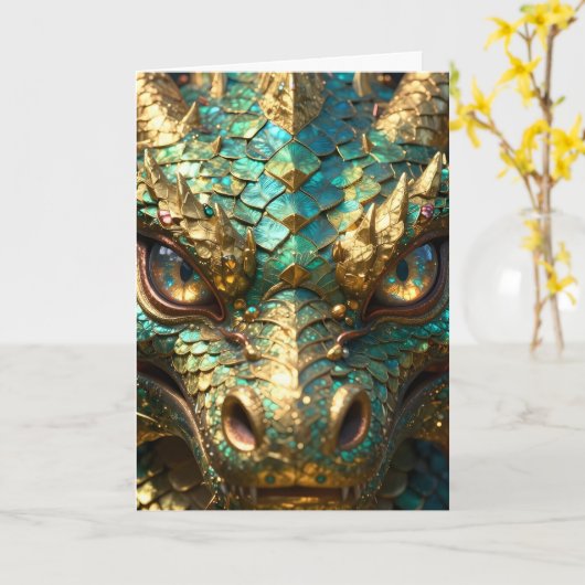 A Turquoise and Gold Dragon Mystical カード (黄色い花)