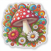 A Vibrant Mushroom Surrounded by Colorful Flowers シール (正面)