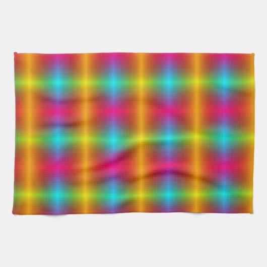 A vibrant, plaid-patterned fabric in rainbow color キッチンタオル (横)