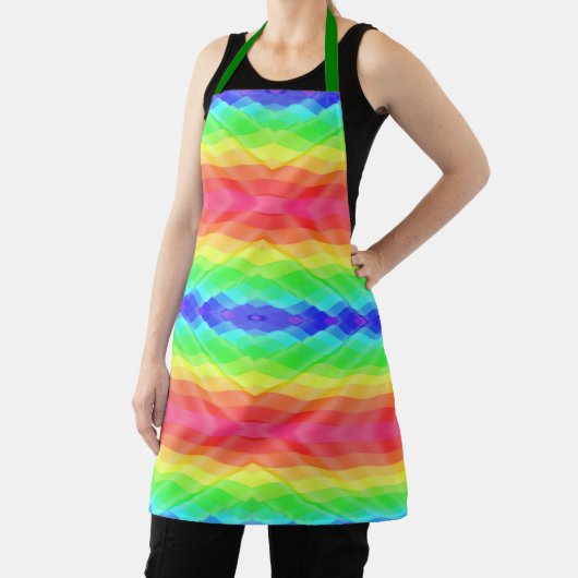 A vibrant, rainbow-patterned apron with green  エプロン (インサイチュ)