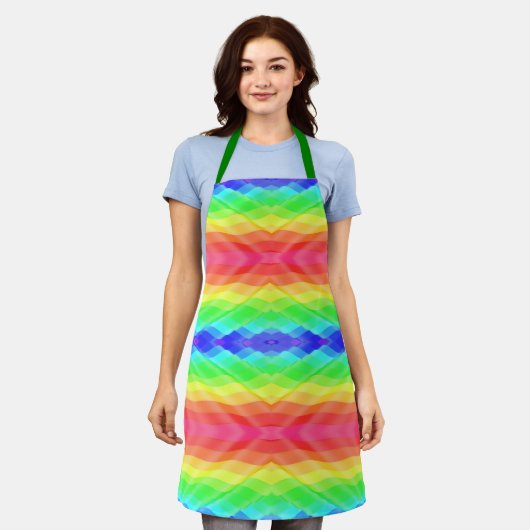 A vibrant, rainbow-patterned apron with green  エプロン (着用した状態)