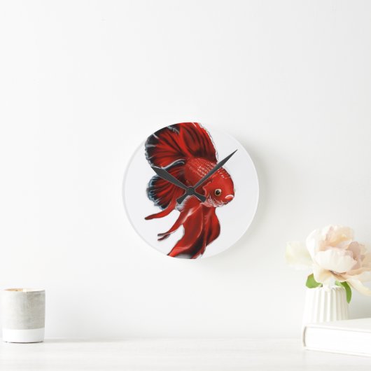 A vibrant red betta fish swimming. ラウンド壁時計 (ホーム)
