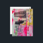 A Vintage Boat Mixed Media Collage Pink Yellow ポストカード<br><div class="desc">A collage made and photographed by Angelandspot in the year 2026 with vintage images from a magazine of a person in a boat and various textbook pages with pink and yellow paint</div>