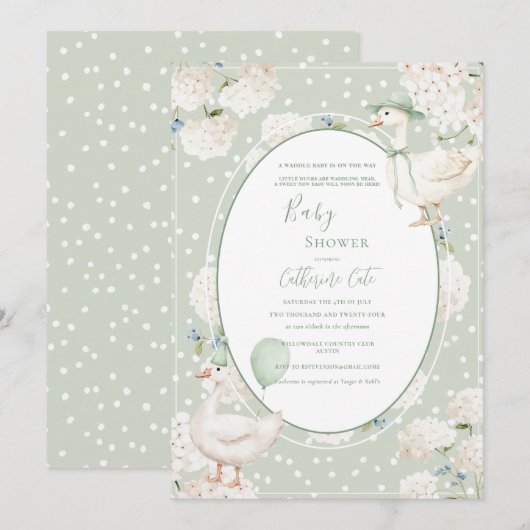 A Waddle Baby is on the Way Whimsical Baby Shower 招待状 (正面/裏面)