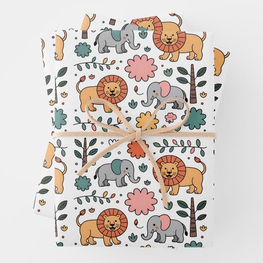 A whimsical pattern featuring playful lions ラッピングペーパーシート
