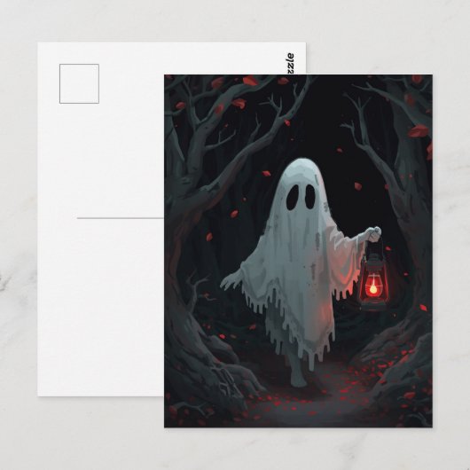 A white ghost holding a red lantern in a hamfores ポストカード (正面/裏面)