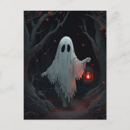 A white ghost holding a red lantern in a hamfores ポストカード