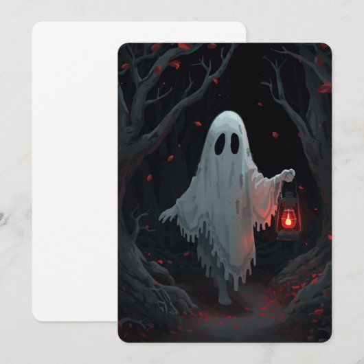 A white ghost holding a red lantern in a hamfores 招待状 (正面/裏面)