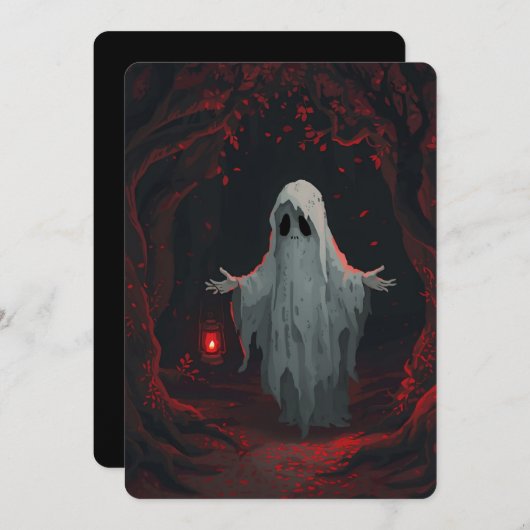 A white ghost holding a red lantern with red leave 招待状 (正面/裏面)
