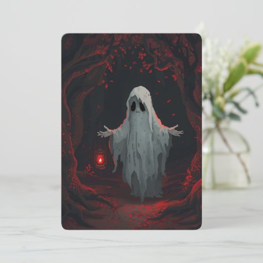 A white ghost holding a red lantern with red leave 招待状 (スタンド正面)